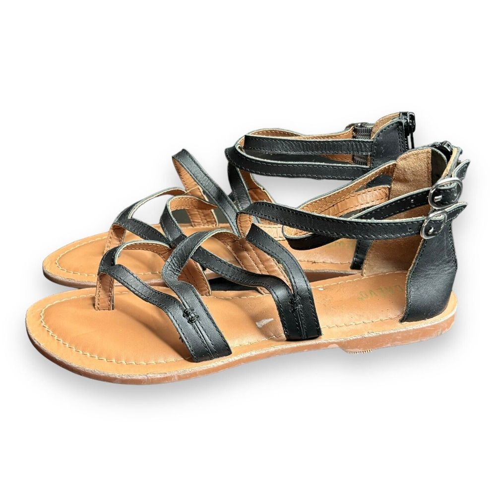 Crevo Heather Black‎ Leather Sandals Ankle Strap Womens Size 6 Summer Flat Shoe